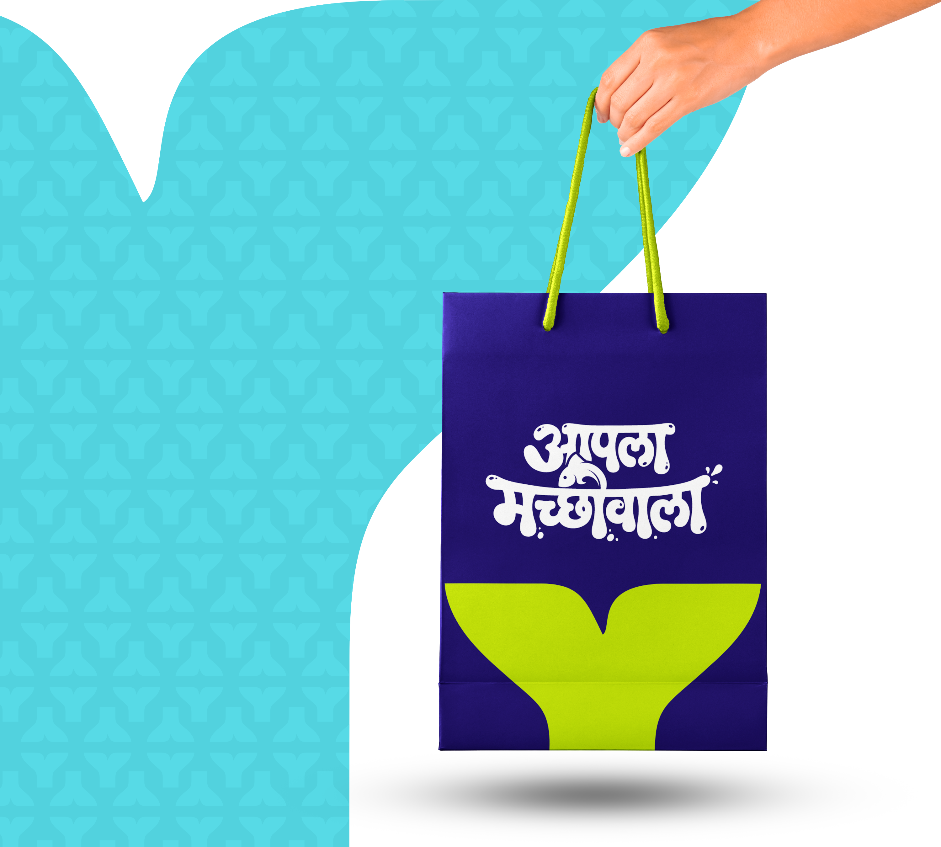 Aapla Macchiwala navy shopping bag with the lime fish-tail and white wordmark