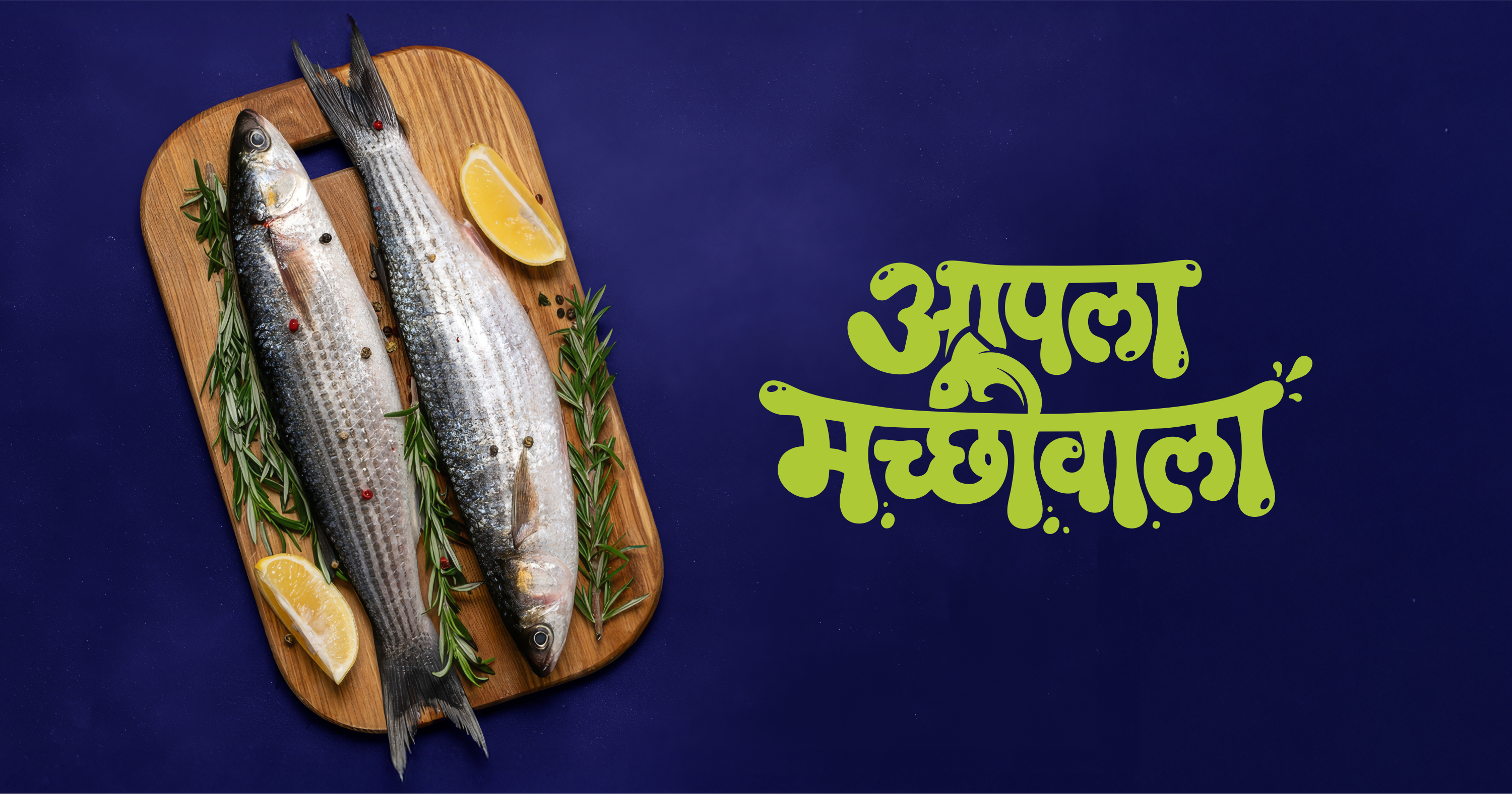 Two fresh fish on a wooden board with the lime wordmark on navy