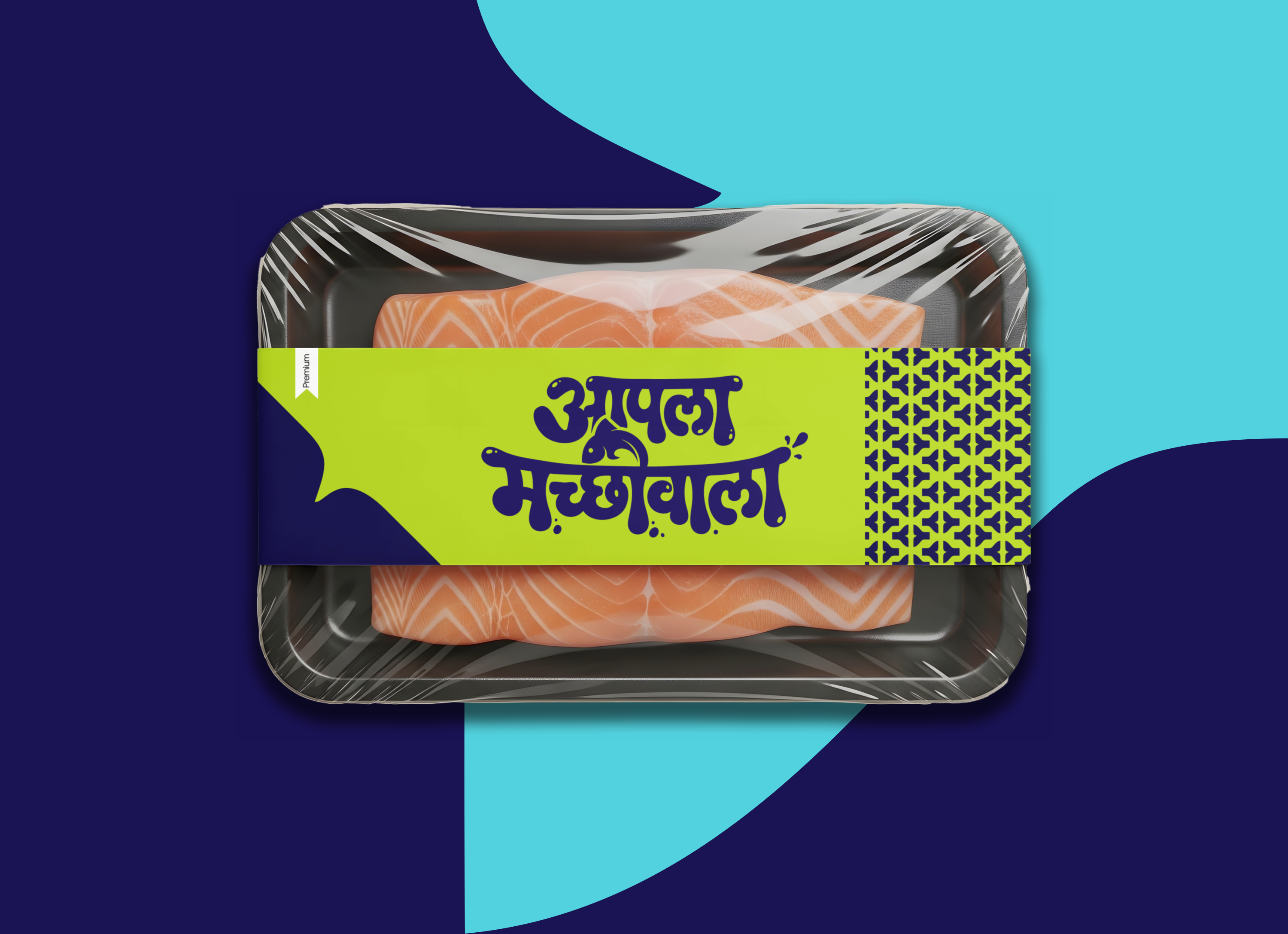 Salmon tray with a lime branded sleeve and fish-tail pattern