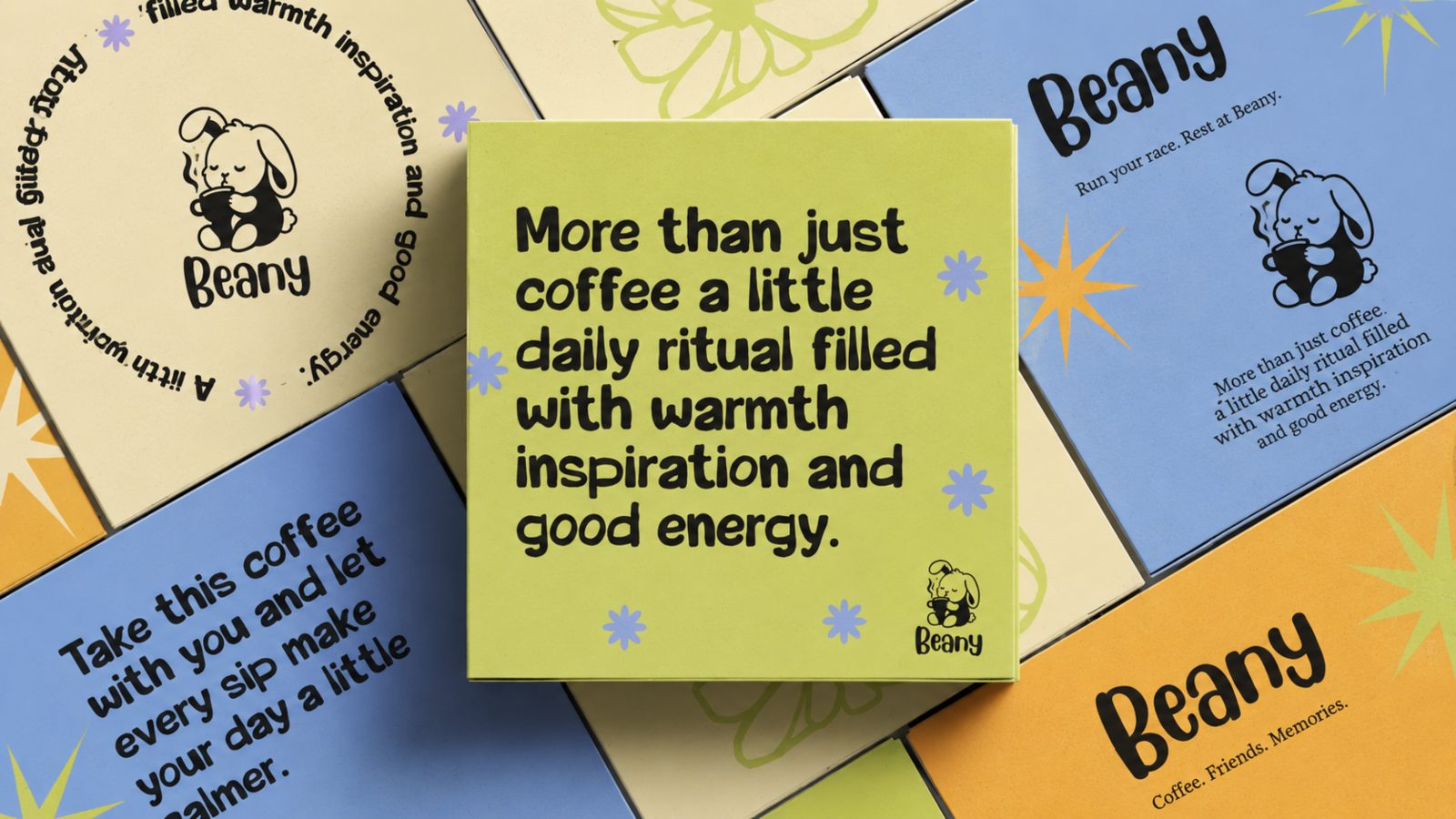 Beany stacked gift boxes with brand quotes