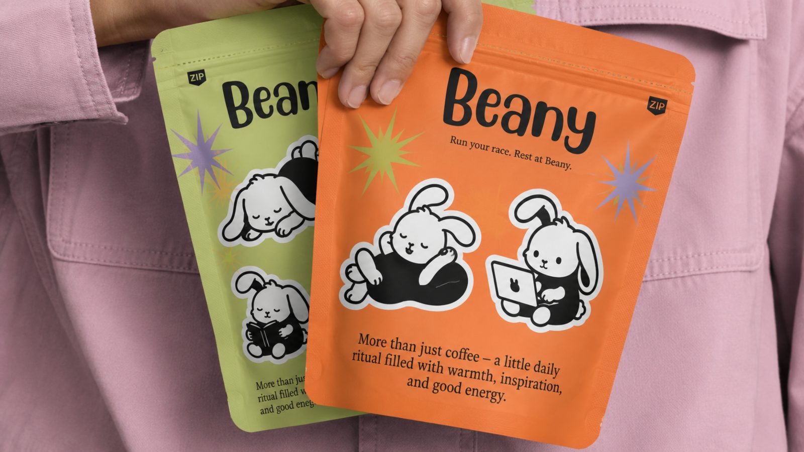 Beany coffee pouches in green and orange