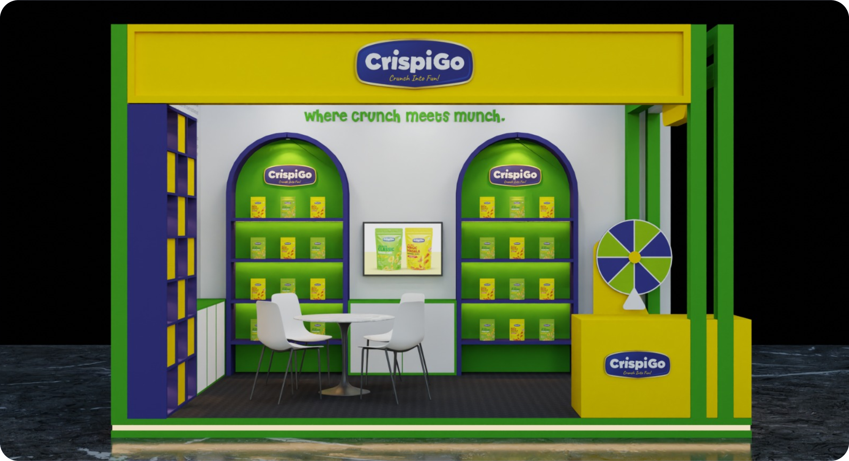 CrispiGo retail booth — Where crunch meets munch