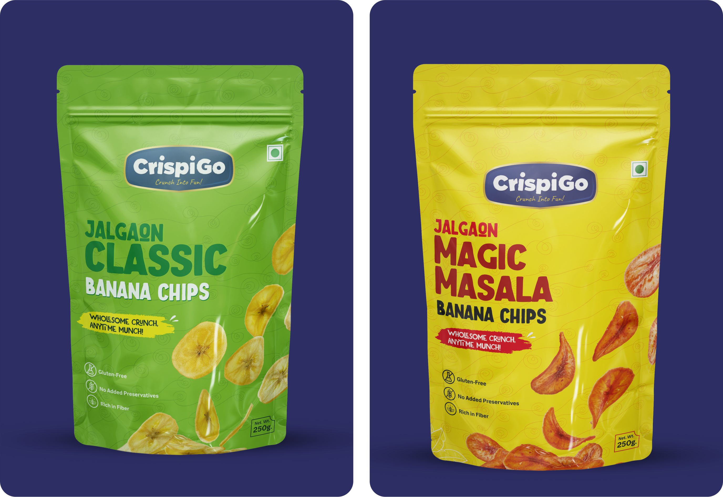 CrispiGo Jalgaon Classic and Magic Masala banana chip packs