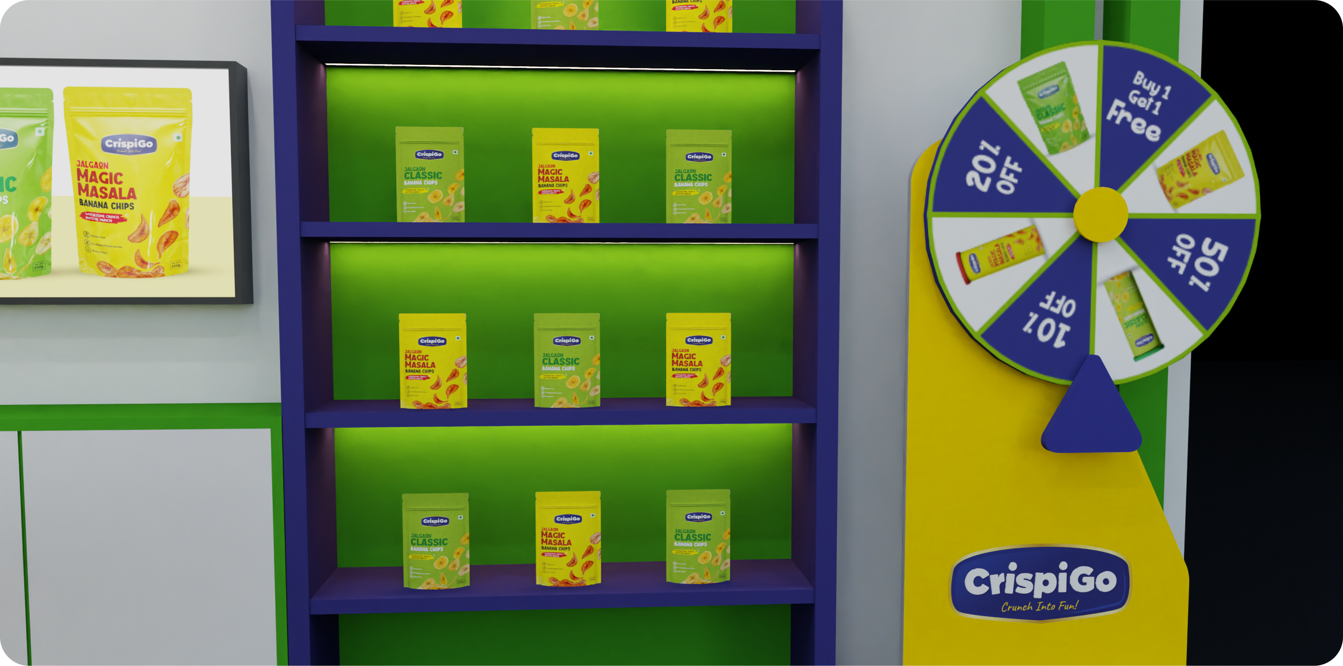 CrispiGo shelf display with spin-the-wheel offer unit