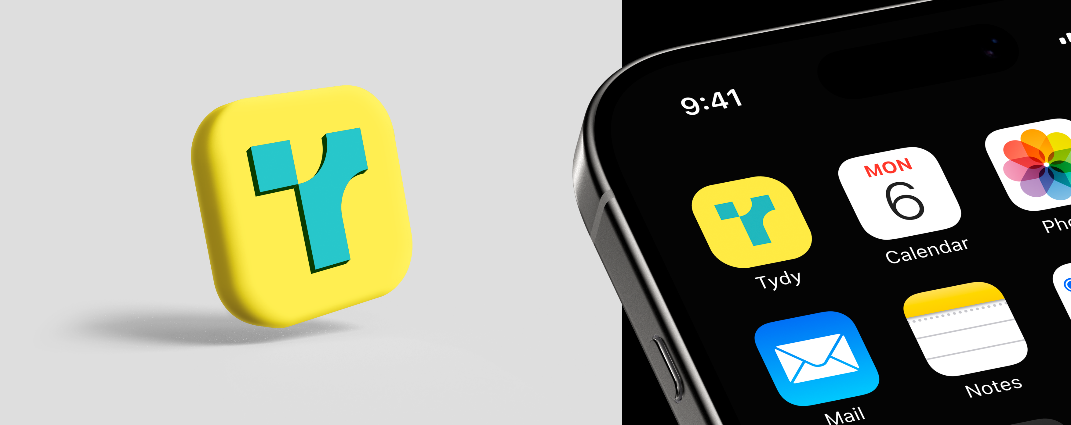Tydy app icon in 3D and on an iPhone home screen