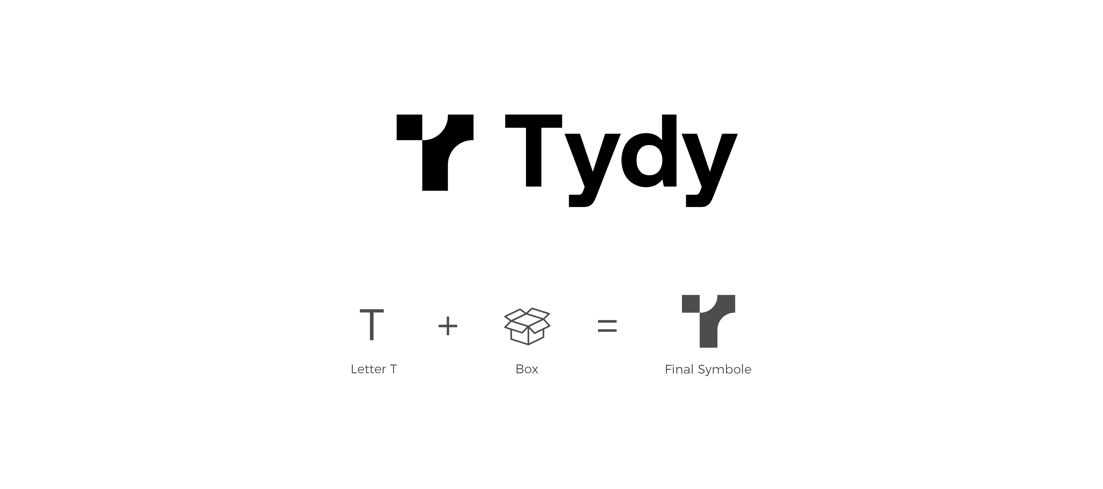 Tydy logo concept — letter T plus a box equals the final symbol